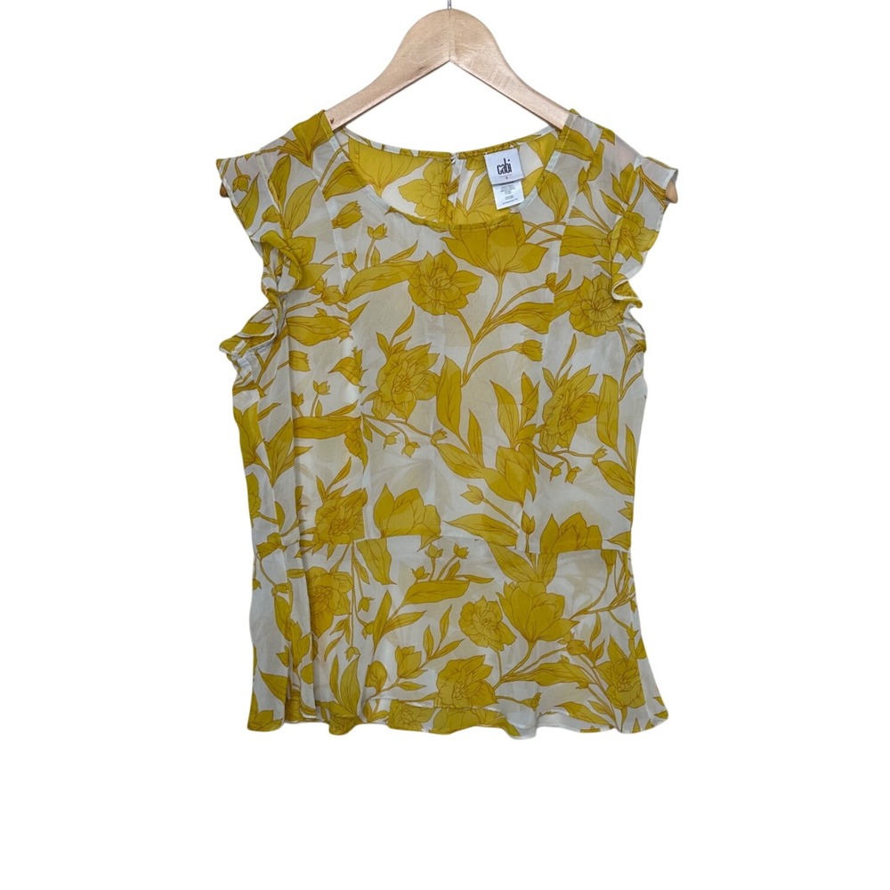 Cabi Sunrise Floral Print Chiffon Ruffle Sleeve Blouse size Small Yellow/White